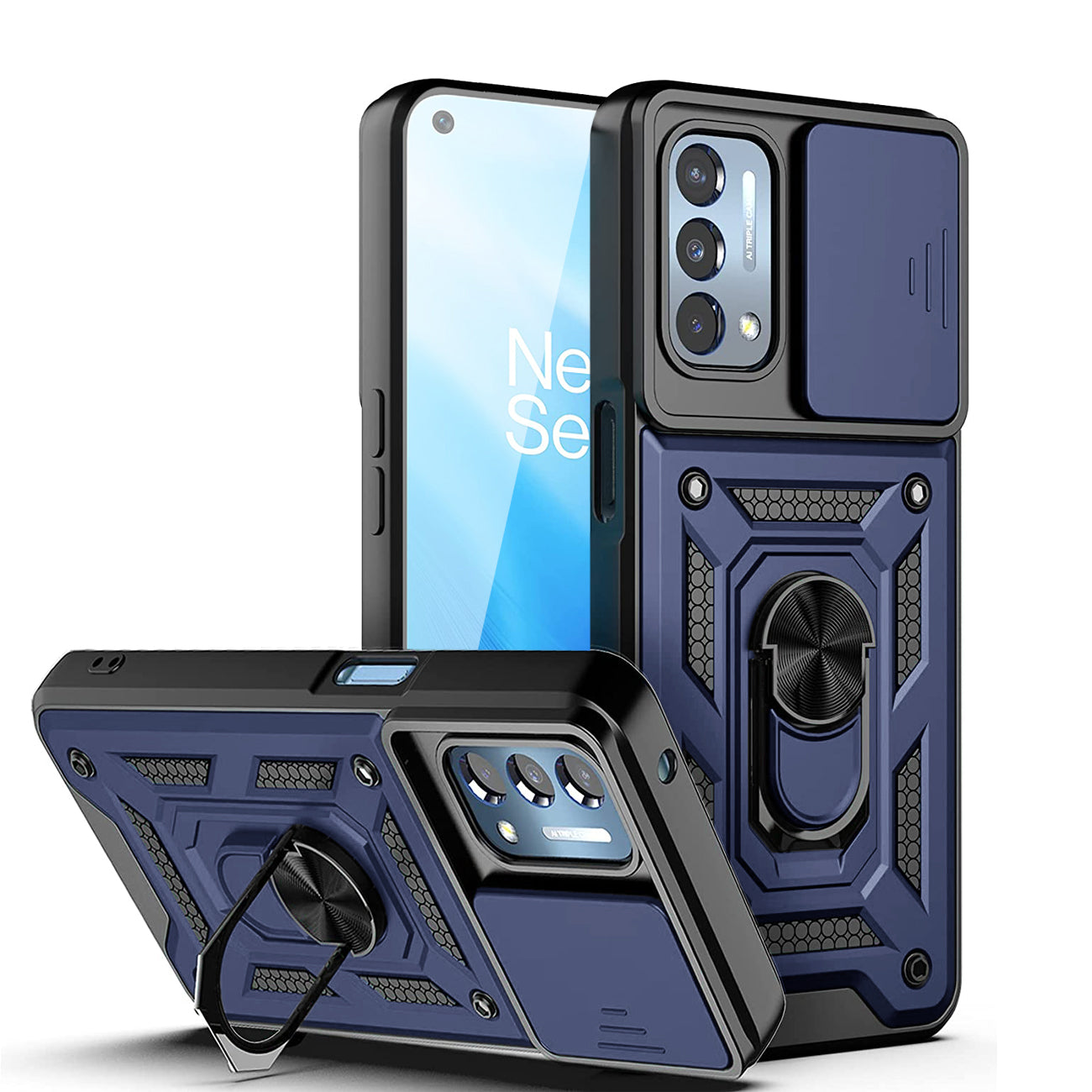 Kickstand Ring Holder & Slide Camera Cover Magnetic Car Mount for ONEPLUS NORD N200 5G In Blue